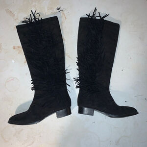Women's Hooked Black Suede look Fringe Heeled Boots Size 7.5